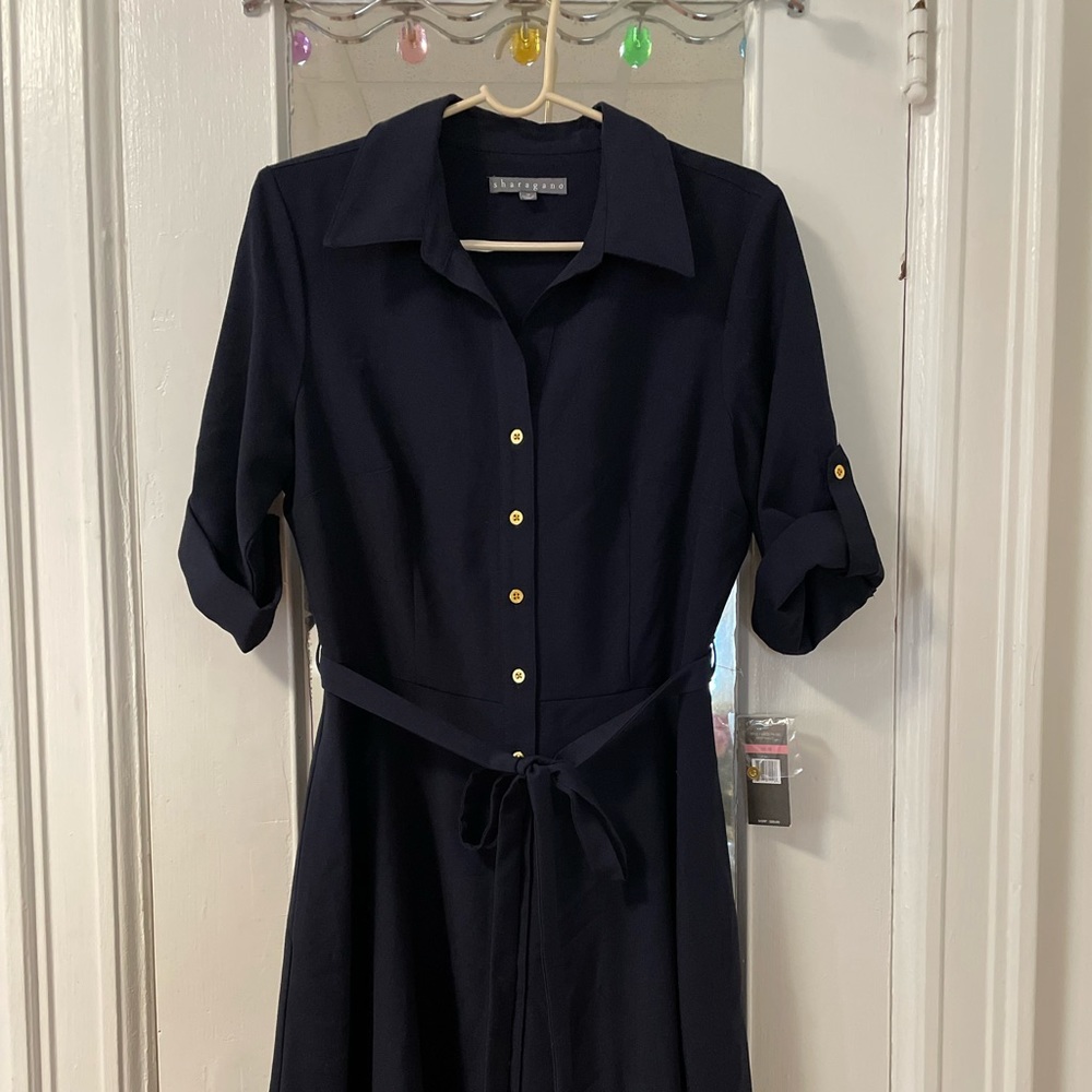 Sharagano tie waist deep navy midi dress